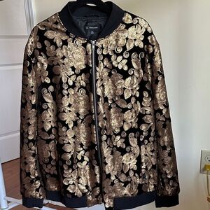 INC International Concepts Black and Gold Floral Bomber Jacket